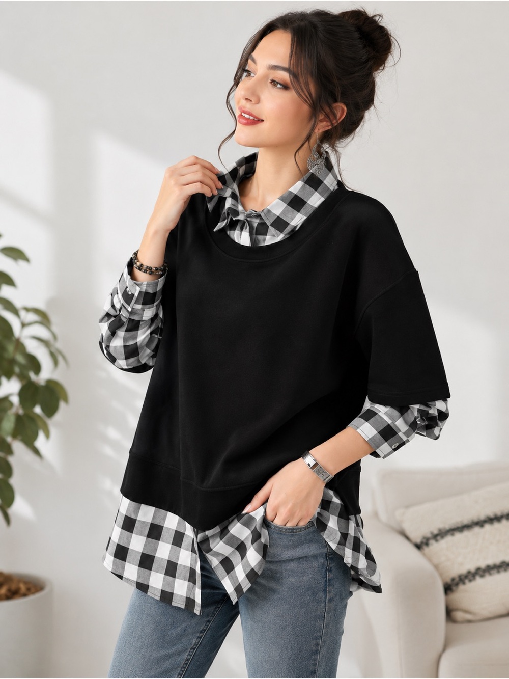 🩷. 1088. 🟰. Buffalo Plaid Layered Top – Oversized Black Casual Tunic Shirt